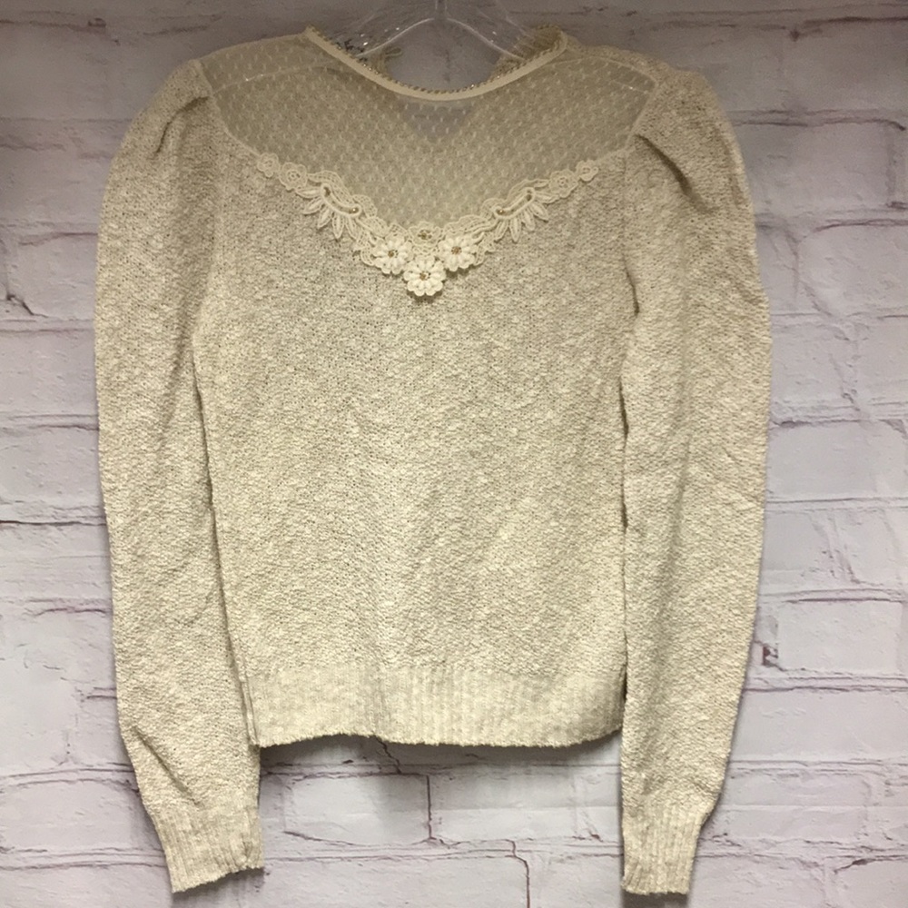 Lace prairie girl cropped sweater cotton Boho  top lace detail short length sz S